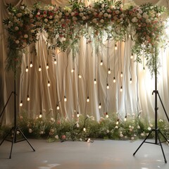 A romantic wedding backdrop with cascading greenery, fairy lights, and white fabric drapes.