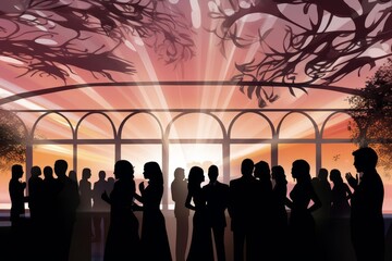 Silhouette of people at a formal event under a beautifully lit sunset sky, creating an elegant and sophisticated ambiance.