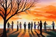 © Samon - Silhouettes of people enjoying an outdoor gathering at sunset near a tree and table, creating a peaceful and social atmosphere.