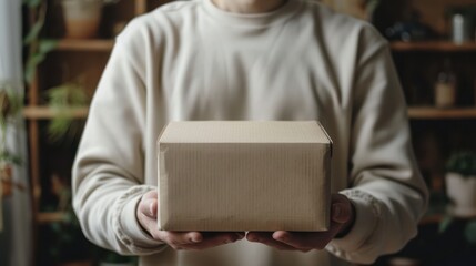 Wall Mural - Food Delivery Branding Mockup: Courier Transporting Small Box with Blank Space for Text