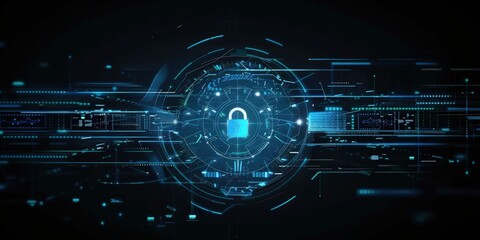 Poster - cyber security: digital shield with locked padlock