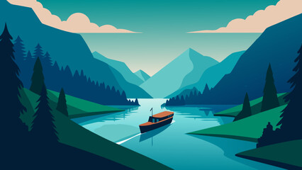 Illustration of a traveling  boat on a river with a beautiful natural landscape with green trees, natural lighting, and a natural background