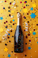 Champagne bottle with confetti stars, holiday decorations, and party streamers on a gold festive background