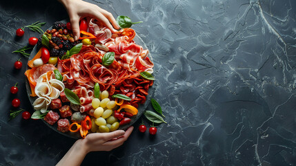 Wall Mural - Elegant Female Hands Serving Mediterranean Diet Charcuterie Board Grazing Platter on Dark Slate Background - Culinary Concept Stock Photo