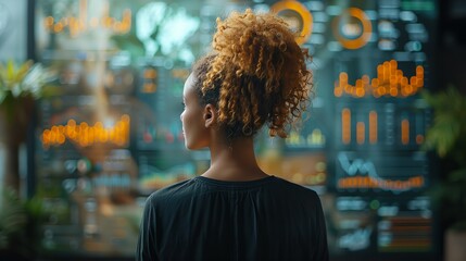 Poster - Woman analyzing data on digital dashboard. Woman with curly hair analyzing data on a digital dashboard, surrounded by colorful graphs and charts in a modern office.