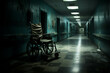 © Gun - Wheelchair in an Eerie Hospital Hallway with Flickering Lights and Peeling Paint on the Walls