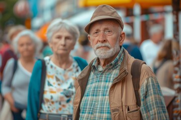 Wall Mural - Portrait of an old man in a cap on the background of people walking in the city.