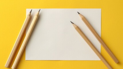 Wall Mural - Template of blank paper note and wooden pencils on yellow background horizontal orientation