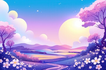 Wall Mural - Dreamy Sunset Landscape with Blooming Flowers