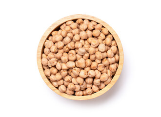 Sticker - Dry chickpea in wooden bowl isolated on white background with clipping path. Top view, flat lay.