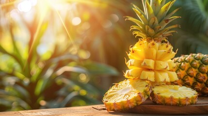 Wall Mural - Ripe Pineapple Slices on Wooden Board in Summer