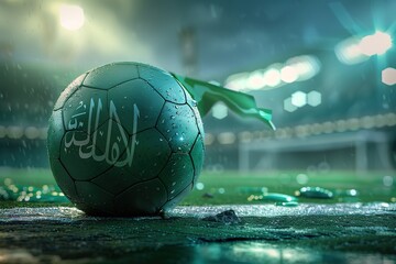 football with flag of saudi arabia on green grass