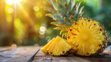 Wall Mural - A Freshly Cut Pineapple Sits on a Wooden Table