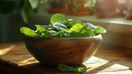 Canvas Print - Fresh Spinach in a Wooden Bowl on a Sunny Day