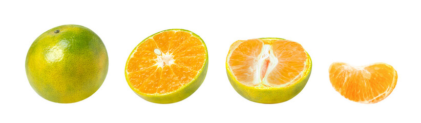 Wall Mural - Tangerine orange and cut in half sliced isolated on white background.