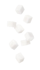 Canvas Print - White sugar cubes falling isolated on white background.