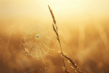 Wall Mural - Spider web with dew drops on a blade of grass against a warm foggy background