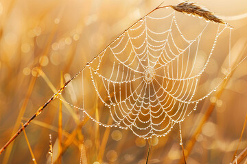 Wall Mural - Spider web with dew drops on a blade of grass against a warm foggy background