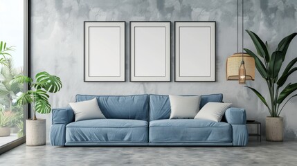 Wall Mural - A living room with a blue couch, two white pillows, and three white picture frames. The room has a modern and minimalist design