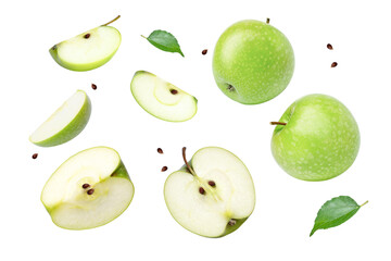 Wall Mural - Green apple with green leaf and half slice flying in the air isolated on white background.