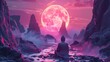 © evgenia_lo - A buddha is sitting on a rock by a river, looking at a large pink moon. The scene is serene and peaceful, with the man in a meditative pose.