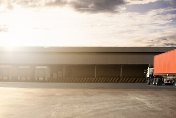 Wall Mural - Trucks on The Parking Lot at Warehouse with The Sunset. Distribution Warehouse Center. Truck Container Shipping. Freight Truck Logistics Cargo Transport.