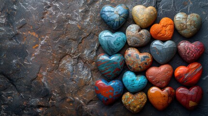 Wall Mural - Colorful Heart Stones on Dark Textured Background - Space for Text