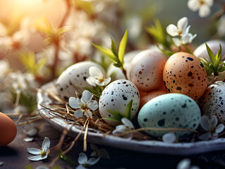 Wall Mural - Colorful Easter eggs in a nest surrounded by flowers, with a bright sun shining overhead.