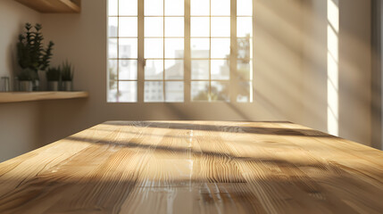 Wall Mural - Blurred background of empty wooden table in the kitchen