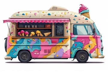 Wall Mural - Isolated vector illustration of a cheerful ice cream truck with bright colors, inviting and summery, on a white isolated background 