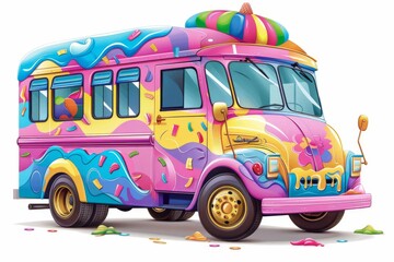 Wall Mural - Isolated vector illustration of a cheerful ice cream truck with bright colors, inviting and summery, on a white isolated background 