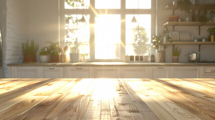 Canvas Print - Blurred background of empty wooden table in the kitchen