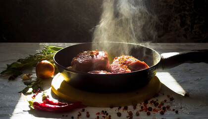 Wall Mural - Delicious meat stakes cooked on a pan. Wooden cutting board with spices and oil