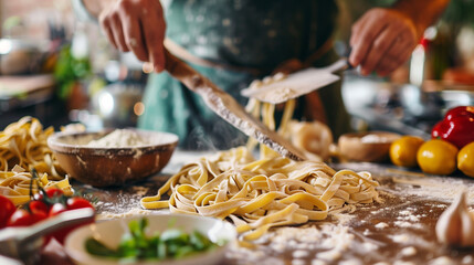 hand cooking food pasta.on top table