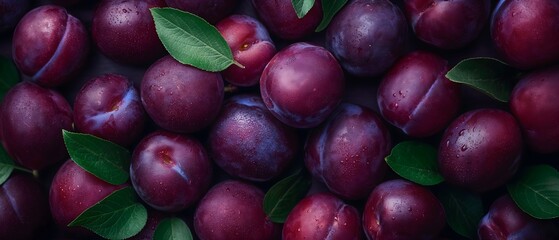 Freshly picked plums on the surface. Illustration on the theme of food and health, nutrition and fruits. Illustration on the theme of food and health, nutrition and fruits. Generative AI	