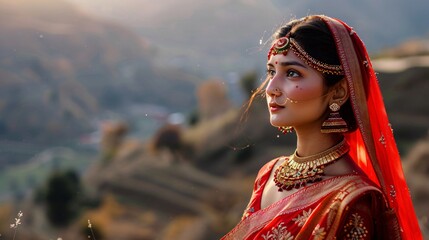 Wall Mural - Young indian bride wearing red traditional saree