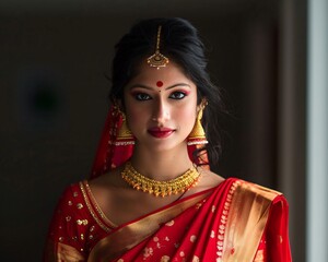 Wall Mural - Young indian bride wearing red traditional saree