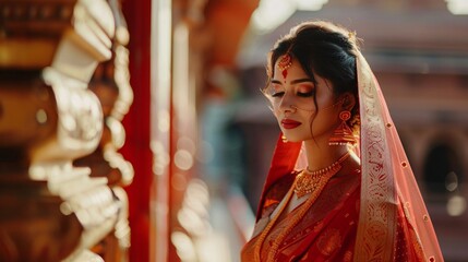 Wall Mural - Young indian bride wearing red traditional saree