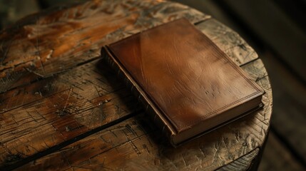 Canvas Print - Brown leather book on wooden table