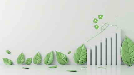 Poster - An eco-friendly financial report with green data charts is artistically displayed alongside fresh leaves on a pristine white background. The ample copy space emphasizes the concept of sustainable