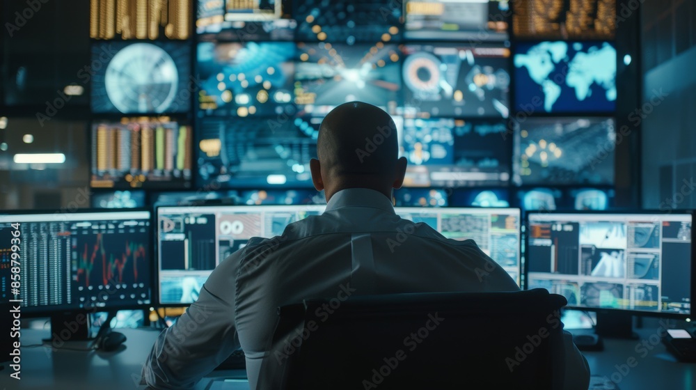 A person is facing multiple computer screens displaying data, charts ...