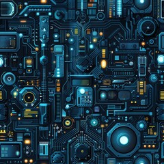 A blue and yellow image of electronic components. The image is a representation of the inner workings of a computer or other electronic device