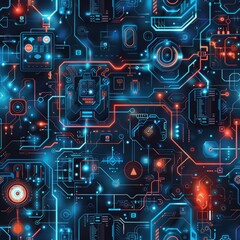 Wall Mural - A computer chip design with a blue background and red and orange accents. The design is full of bright colors and intricate patterns, giving it a futuristic and high-tech vibe