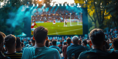 Wall Mural - A crowd of people watching a live outdoor soccer match on a big screen, enjoying the event together.