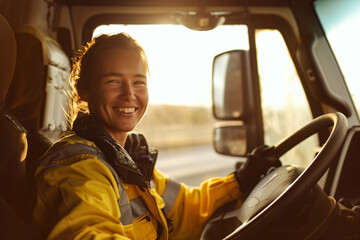 Wall Mural - a woman in a yellow jacket is driving a truck