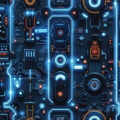 Wall Mural - A futuristic image of electronic components with a blue and orange color scheme. Concept of technology and innovation, with the bright colors and intricate design of the components