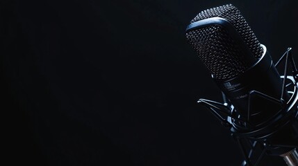 Wall Mural - A professional-grade sound recording microphone is featured against a black background, with a banner offering ample copy space.