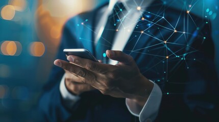 Poster - Businessman Using Smartphone with Network Visualization
