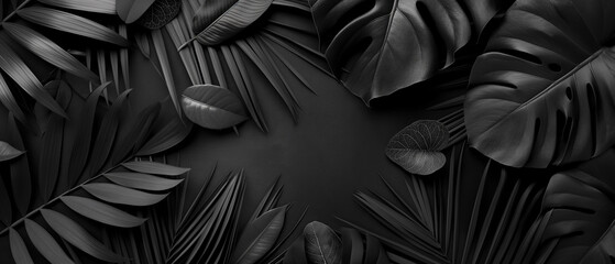 Vivid Black Tropical Leaves on Minimalist Background