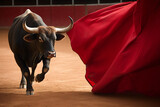 Bull in bullfight arena with red cloth